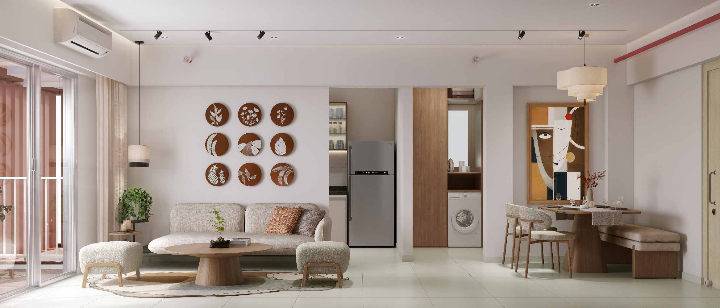 Living Room and Kitchen interiors in Mahindra Citadel's 1 BHK apartment in Pune